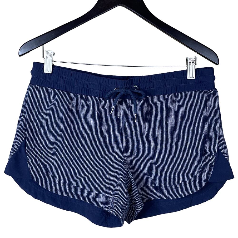 Athleta Beachside Bali Linen Shorts Drawstring Waist Blue White Stripe SZ 8